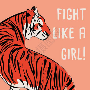 手绘老虎与女权主义短语信息,女孩权力女权主义,平矢量插图背景图片