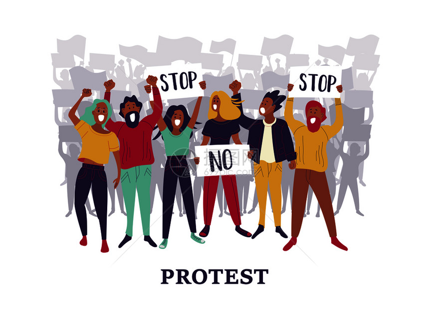 群轻的男人女人站,举着空白的横幅参加的人男女抗议者活动家平卡通彩色矢量插图人群抗议图片