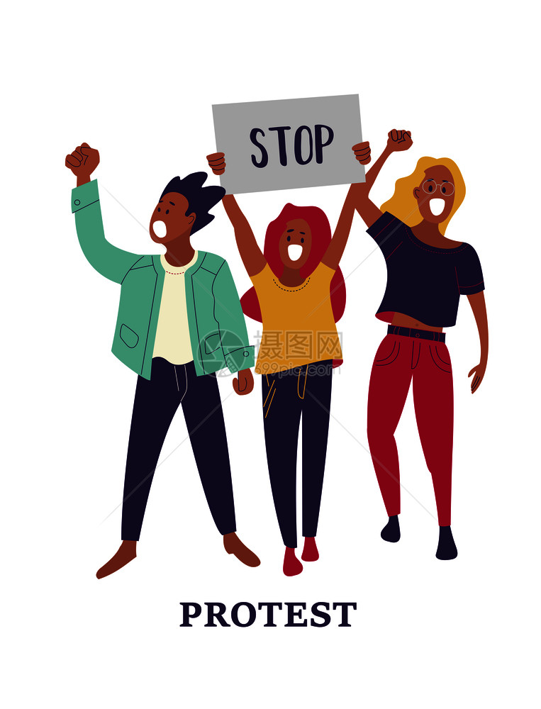 群轻的男人女人站,举着空白的横幅参加的人男女抗议者活动家平卡通彩色矢量插图图片