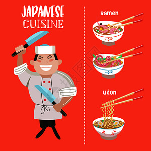 炒拉条日本菜日本汤条,海鲜,虾,章鱼日本厨师着把大菜刀卡通风格的矢量插图插画