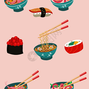 日本菜无缝图案条寿司卡通风格的矢量插图图片