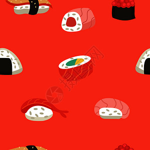 日本菜无缝图案日本寿司卷卡通风格的矢量插图图片