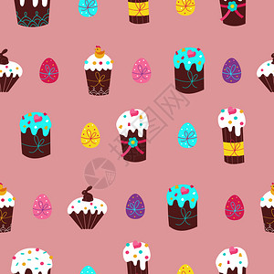 复活节的无缝图案可爱的复活节蛋糕彩绘鸡蛋矢量插图图片