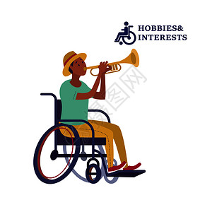 残疾人的爱好兴趣矢量插图个坐轮椅上小号的轻人残疾人的爱好兴趣矢量插图图片