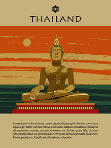 泰国金佛雕像矢量插图佛陀海洋景观的背景上旅游网站模板,旅游指南泰国黄金佛像矢量插图背景图片
