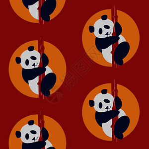 熊猫图案红色背景上的熊猫无缝图案与中国的老式抽象无缝图案纺品暑期背景纺品装饰品暑期打印彩色壁纸中国熊猫插画
