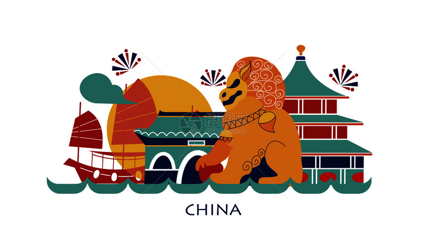 现代平插图与中国旅游小册子中国的旅游景点平,矢量插图建筑元素旅游符号现代平插图与中国旅游小册子设图片