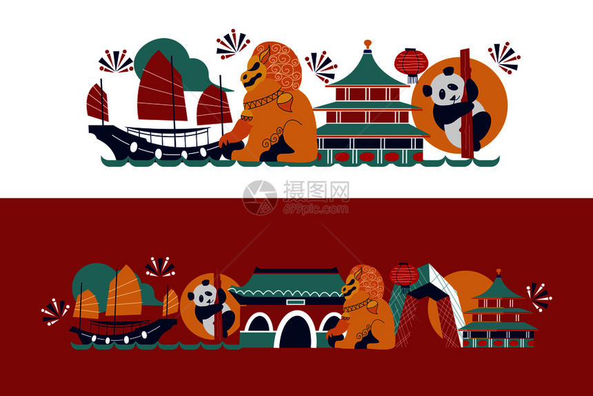 现代平插图与中国旅游小册子中国的旅游景点平,矢量插图建筑元素旅游符号现代平插图与中国旅游小册子设图片