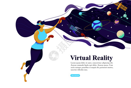 VR飞行VR的网页虚拟现实与个女孩VR眼镜与想象的宇宙互动矢量插图VR的网页网络飞行的女人插画