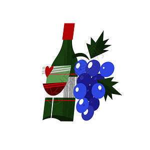 瓶酒串葡萄白色背景上的矢量插图法国老式手绘明信片,矢量插图图片