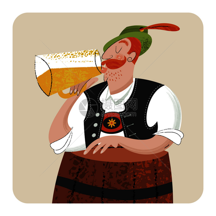 啤酒节啤酒派德国啤酒节穿着传统德国服装的人喝啤酒矢量手绘插图啤酒节啤酒派德国啤酒节矢量插图图片