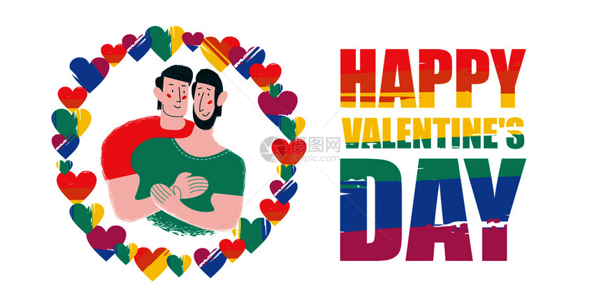 情人节快乐白色背景上的矢量插图同种族的夫妇拥抱彩虹的心的框架里快乐的情人节白色背景上的矢量插图同图片