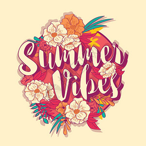 夏季氛围排版横幅圆形热带花卉,夏季氛围排版横幅圆形热带花卉框架,矢量插图图片