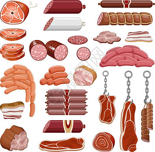 牛排和香肠肉制品白色背景载体上分离插画
