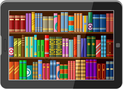 线图书馆,平板电脑与书架矢量插图背景图片