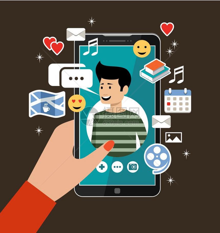 女手手机与男的个人资料线约会社交网络虚拟的爱矢量插图图片