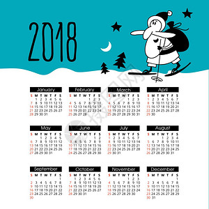 新的2018日历快乐的诞老人,滑雪板上带着袋礼物背景图片
