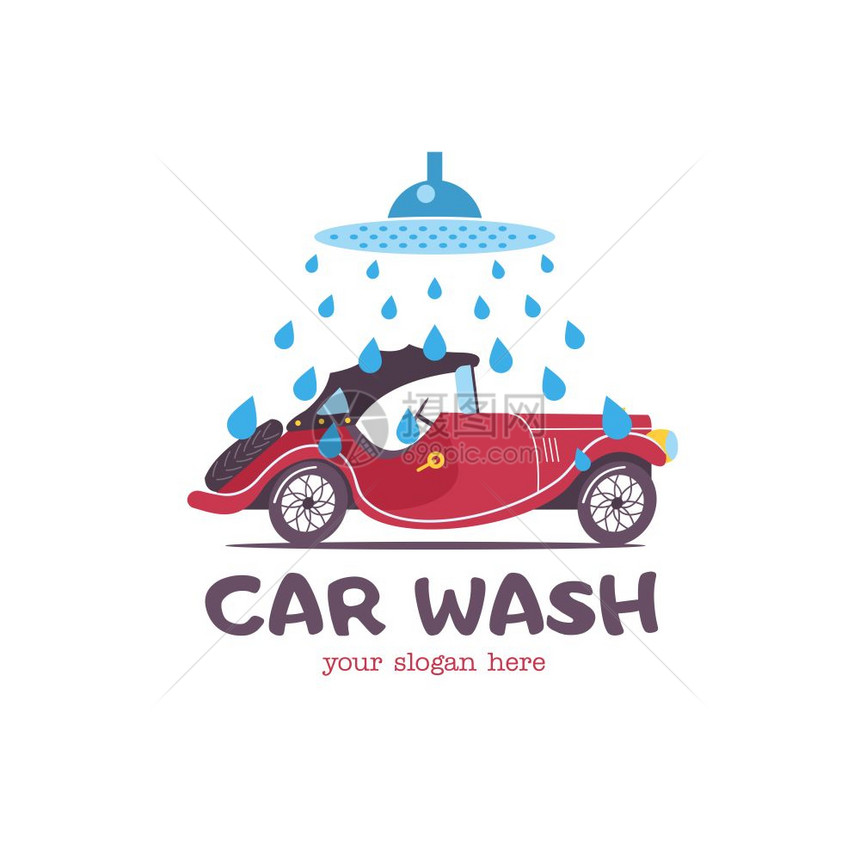 洗车标志卡通风格的矢量插图小乘客复古车水滴上洗图片