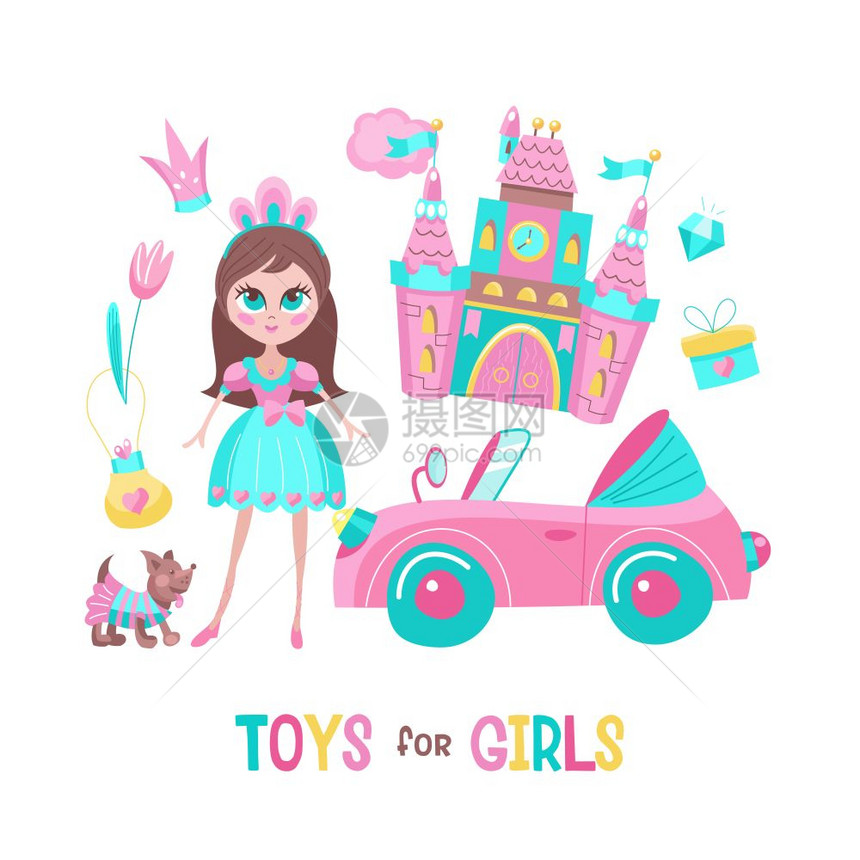 女孩的玩具矢量剪贴画粉红色玩具敞篷车穿着戏服的可爱小狗漂亮的女孩娃娃神奇的粉红色城堡公主的王冠白色图片