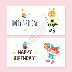 生日快乐贺卡可爱的女孩带着蜡烛玩趣美味的蛋糕矢量剪贴画背景图片