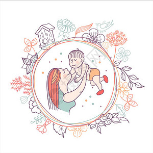 白天打个盹贺卡母亲日个漂亮的母亲抱着可爱的孩子线插图矢量章花的图案插画