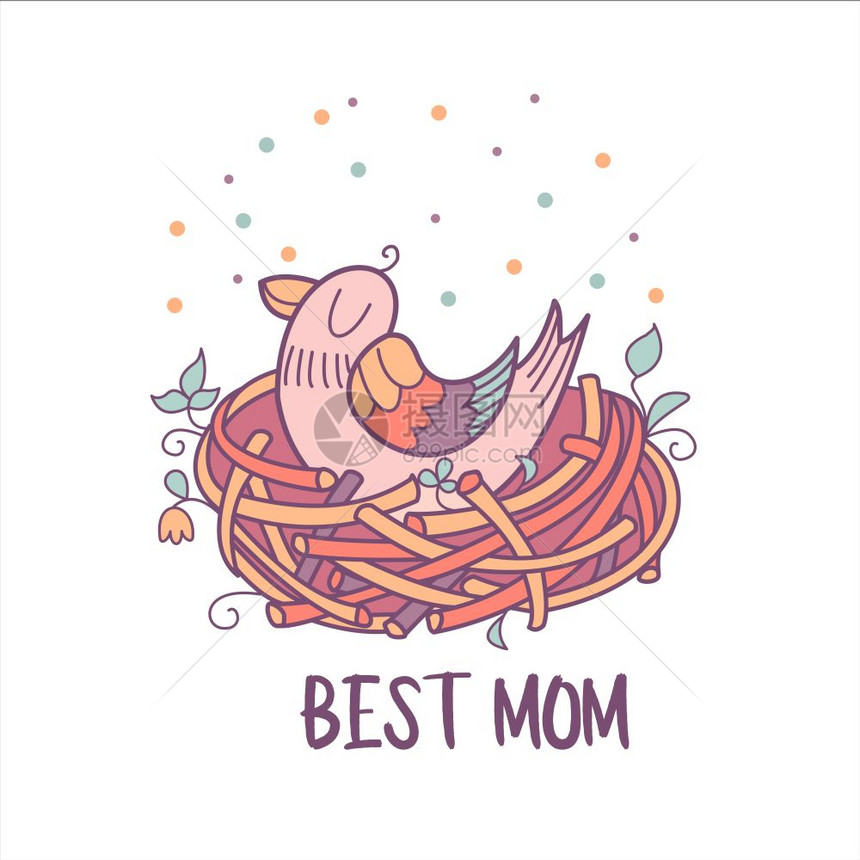 母亲节贺卡最好的妈妈小鸟妈妈坐巢里矢量插图图片