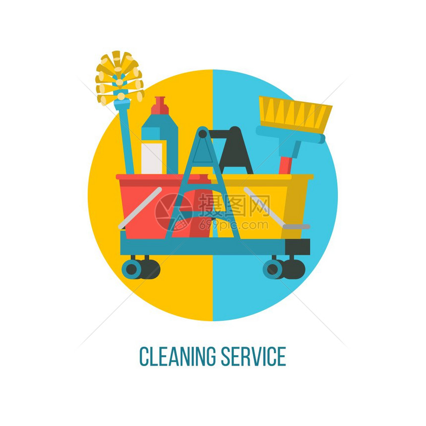 清洁服务平矢量插图专业清洁房屋带清洁用品的手推车图片