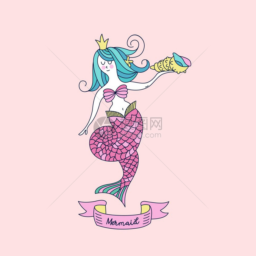 手里着海壳的美人鱼个神话生物,个海仙女矢量插图图片