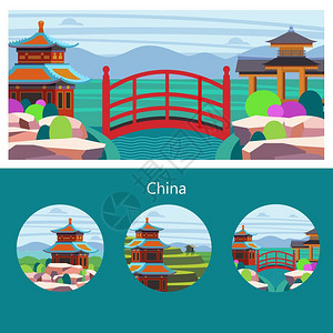宝带桥中国矢量插图壮丽神奇的中国带文字位置的记矢量插图美丽的风景,中国传统的房子中国红桥插画