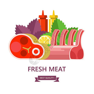 新鲜的肉套同类型的肉大牛排,羊肉,柠檬,罗勒叶,番茄酱芥末矢量插图图片