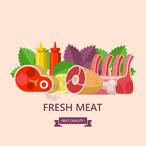 新鲜的肉套同类型的肉大牛排,猪肉火腿,羊肉,柠檬,罗勒叶,番茄酱芥末矢量插图图片