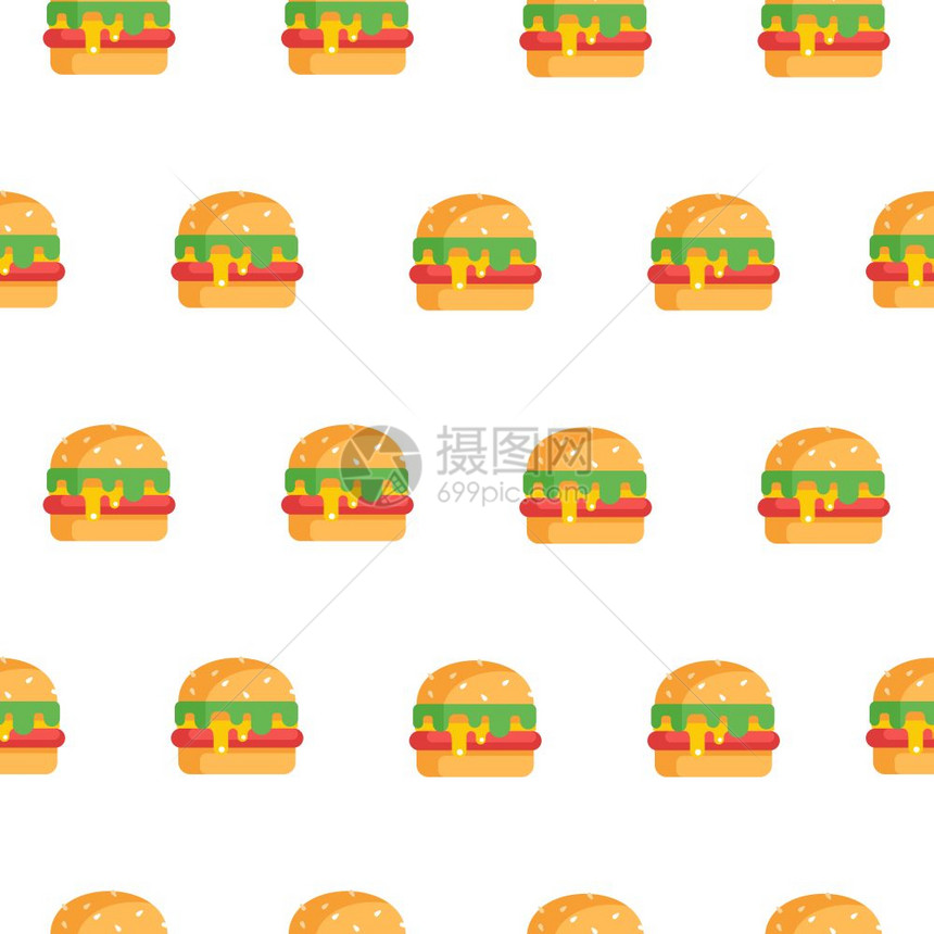 无缝图案汉堡包美味的快餐矢量插图汉堡包美味的快餐用蔬菜芝麻放个小包里白色背景上的无缝图案图片