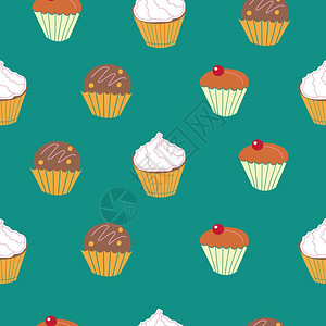 法国菜矢量插图绿色背景上的无缝图案蛋糕,松饼,松饼以卡通风格矢量插图图片