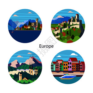 贝尔加湖圆形图标与欧洲城市的景观意大利,巴伐利亚,马利诺共国,威尼斯,加德湖矢量彩色插图插画