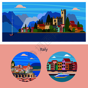 意大利景观加德湖湖城威尼斯的圆形图标,阿玛菲带文本的矢量插图旅游小册子模板插画