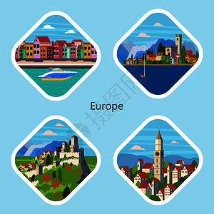 贝尔加湖欧洲城市传统欧洲景观的图标视图矢量插图威尼斯,加德湖,巴伐利亚村,马利诺共国插画