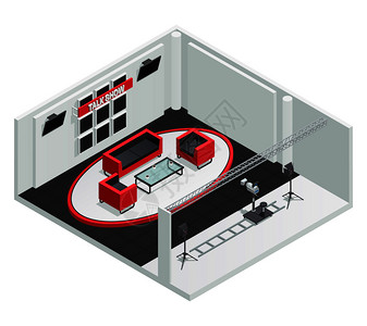 仓库老板记录视频电视谈话节目工作室等距内部成与家具相机栏杆照明套件矢量插图脱口秀内部作文插画