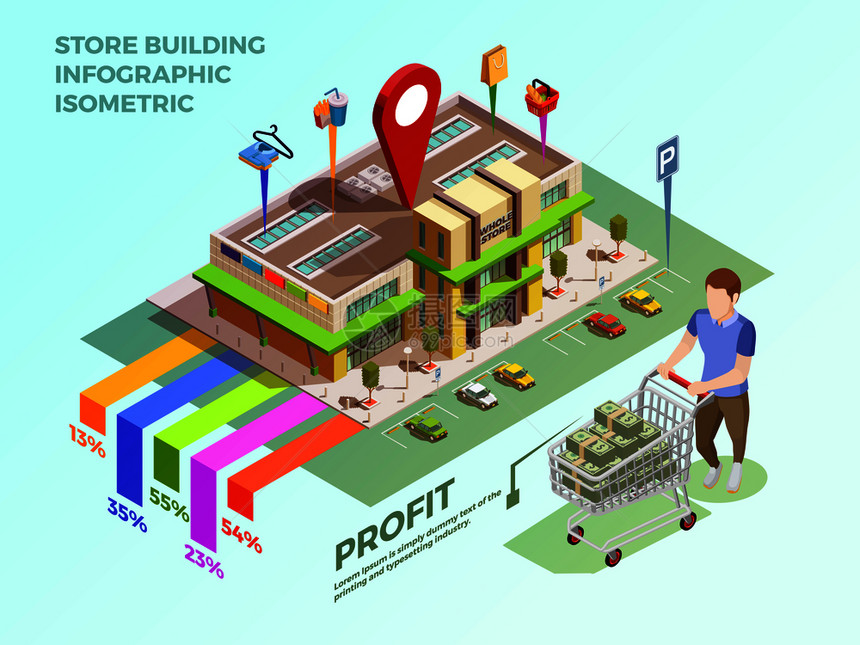 大商店建筑与停车区等距矢量插图存储底层等距图片