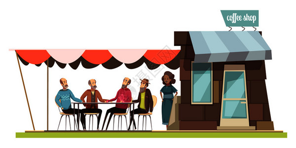 家庭咖啡店构图与卡通雕像的轻妇女四个老男子休闲矢量插图交谈家庭咖啡店的成商店高清图片素材
