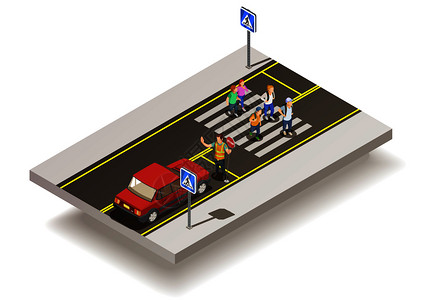 道路要素等距成与高速公路路段受控制的行人过路与人交通标志矢量插图斑马线道路成背景图片