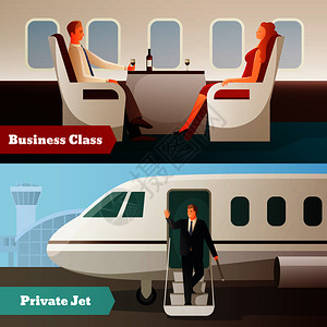 男人坐在梯子上乘坐飞机水平横幅与私人喷气式飞机人商务舱沙龙矢量插图飞机水平横幅上旅行插画