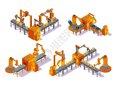 自动生产线输送机系统计算机控制等距,包括生产线包装隔离矢量图输送机系统等距插画