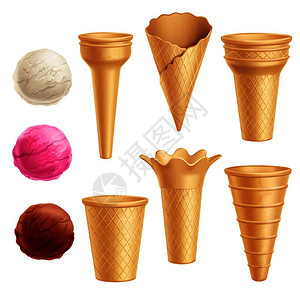 逼真的彩色冰淇淋图标锥勺三种口味的冰淇淋矢量插图冰淇淋图标背景图片