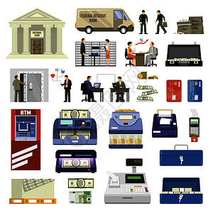 白色背景矢量插图上隔离的套银行大楼设备职员平板银行套背景图片