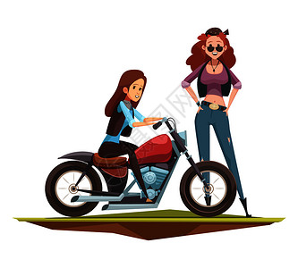 复古卡通骑手成的两个涂鸦风格漂亮的女人物跑车摩托车平图像矢量插图摩托车手女孩扁平作文背景图片