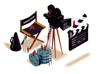 等距电影构图,小人攀爬运动图片拍摄设备导演座位矢量插图等距影院元素背景图片