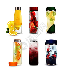 套同形状的瓶子与排水果饮料柑橘,猕猴桃,浆果分离矢量插图带排水果饮料的瓶子柠檬高清图片素材
