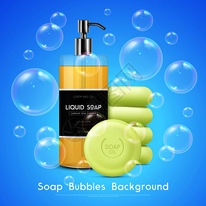肥皂液体分配器圆棒现实广告海报与气泡蓝色背景矢量插图肥皂泡泡真实的背景海报插画