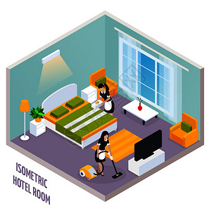打扫客房彩色等距酒店房间内部与墙壁,也个干净的房间矢量插图等距酒店客房内部插画