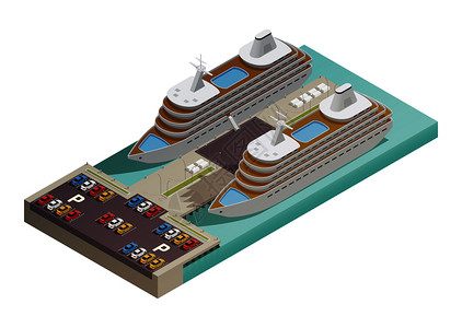 海港邮轮两艘大型现代游轮港口与公园滨水等距构图海报矢量插图邮轮港口等距插画
